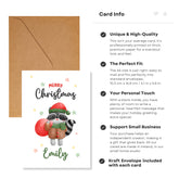 Christmas card with raccoon illustration and envelope, featuring card info text.